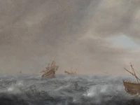 Dutch 17thc school, ships on a stormy sea, oil on oak 35 x 47 cm. (13.77 x 18 1/2 in.), frame: 64 x 75.5 cm. (25.19 x 29.71 in.) - afbeelding 4 van  5