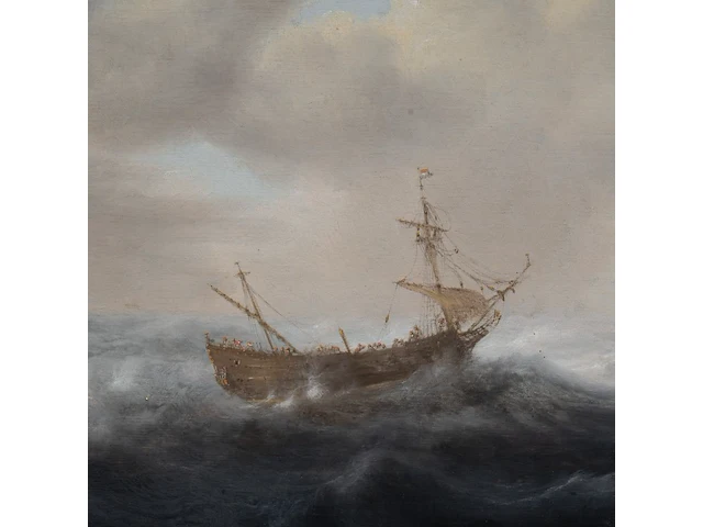 Dutch 17thc school, ships on a stormy sea, oil on oak 35 x 47 cm. (13.77 x 18 1/2 in.), frame: 64 x 75.5 cm. (25.19 x 29.71 in.) - afbeelding 5 van  5