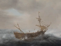 Dutch 17thc school, ships on a stormy sea, oil on oak 35 x 47 cm. (13.77 x 18 1/2 in.), frame: 64 x 75.5 cm. (25.19 x 29.71 in.) - afbeelding 5 van  5