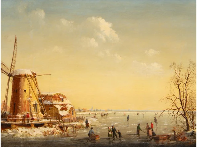 Dutch romantic school, ice skaters near a windmill, oil on mahogany 32 x 42 cm. (12.59 x 16.53 in.), frame: 45 x 55 cm. (17.71 x 21.64 in.) - afbeelding 1 van  5
