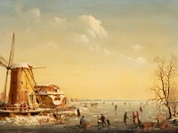 Dutch romantic school, ice skaters near a windmill, oil on mahogany 32 x 42 cm. (12.59 x 16.53 in.), frame: 45 x 55 cm. (17.71 x 21.64 in.) - afbeelding 1 van  5