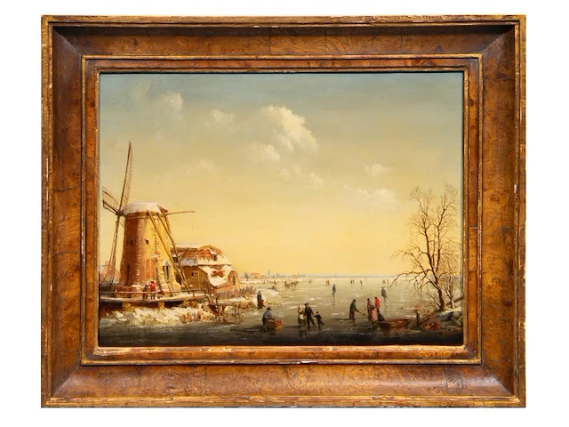 Dutch romantic school, ice skaters near a windmill, oil on mahogany 32 x 42 cm. (12.59 x 16.53 in.), frame: 45 x 55 cm. (17.71 x 21.64 in.) - afbeelding 2 van  5