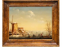 Dutch romantic school, ice skaters near a windmill, oil on mahogany 32 x 42 cm. (12.59 x 16.53 in.), frame: 45 x 55 cm. (17.71 x 21.64 in.) - afbeelding 2 van  5