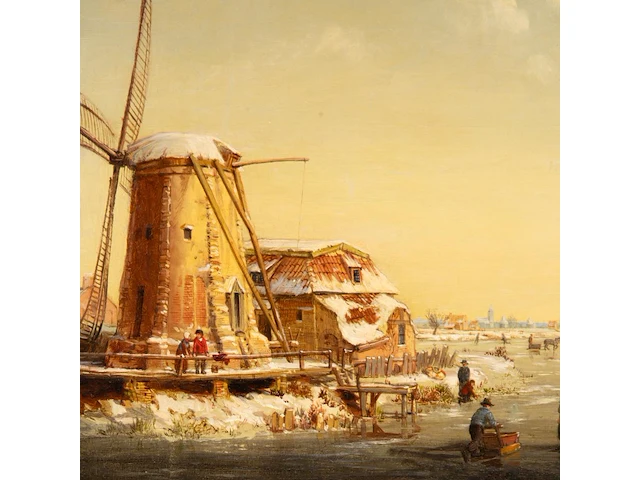 Dutch romantic school, ice skaters near a windmill, oil on mahogany 32 x 42 cm. (12.59 x 16.53 in.), frame: 45 x 55 cm. (17.71 x 21.64 in.) - afbeelding 4 van  5