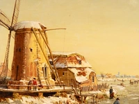 Dutch romantic school, ice skaters near a windmill, oil on mahogany 32 x 42 cm. (12.59 x 16.53 in.), frame: 45 x 55 cm. (17.71 x 21.64 in.) - afbeelding 4 van  5
