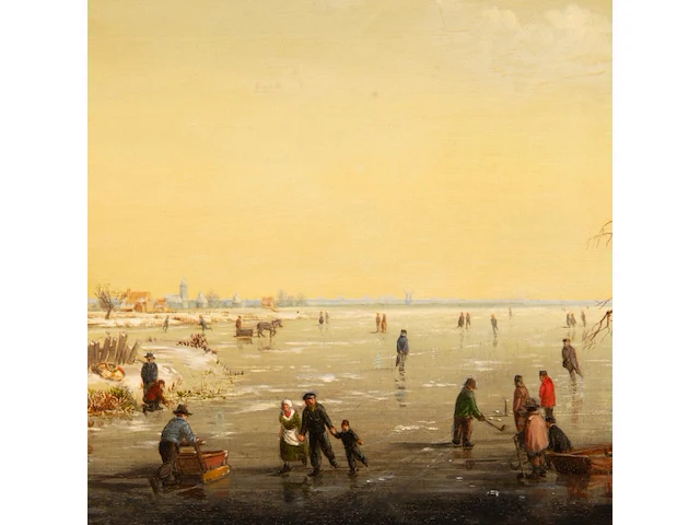 Dutch romantic school, ice skaters near a windmill, oil on mahogany 32 x 42 cm. (12.59 x 16.53 in.), frame: 45 x 55 cm. (17.71 x 21.64 in.) - afbeelding 5 van  5