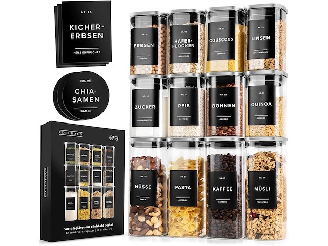 Edelhaus voorraadpotten met deksel van roestvrij staal (4 x 1000 ml, 8 x 600 ml) - afbeelding 1 van  3