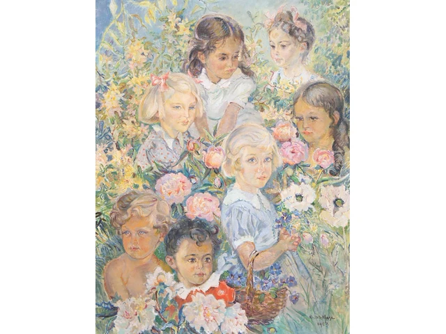 Edgard wiethase (1881-1965), portrait of 7 girls, 1953, oil on canvas 108 x 83 cm. (42.52 x 32.67 in.), frame: 125 x 100 cm. (49.21 x 39.36 in.) - afbeelding 1 van  7