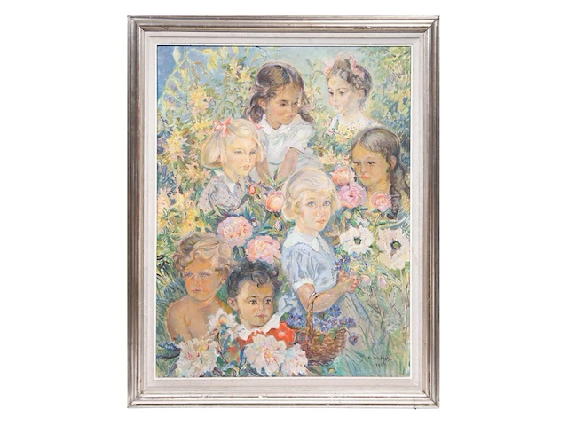 Edgard wiethase (1881-1965), portrait of 7 girls, 1953, oil on canvas 108 x 83 cm. (42.52 x 32.67 in.), frame: 125 x 100 cm. (49.21 x 39.36 in.) - afbeelding 2 van  7