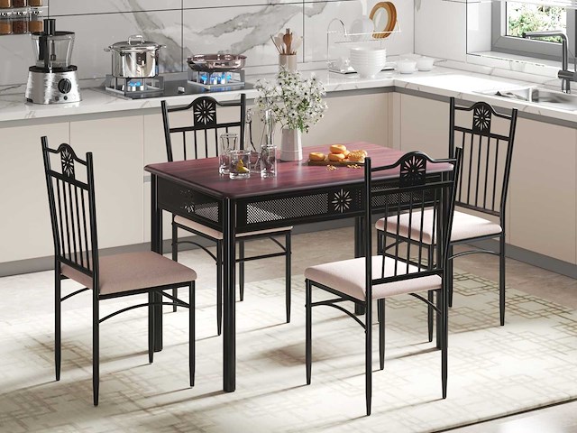 Een eettafel van 5 delen, inclusief een houten en metalen tafel en 4 stoelen met kussens - afbeelding 1 van  8