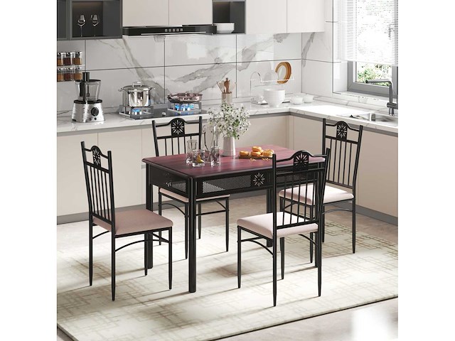 Een eettafel van 5 delen, inclusief een houten en metalen tafel en 4 stoelen met kussens - afbeelding 2 van  8