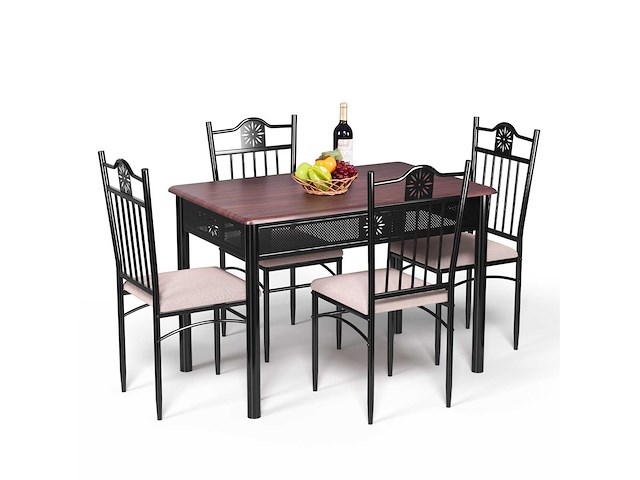 Een eettafel van 5 delen, inclusief een houten en metalen tafel en 4 stoelen met kussens - afbeelding 3 van  8