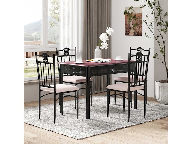 Een eettafel van 5 delen, inclusief een houten en metalen tafel en 4 stoelen met kussens - afbeelding 4 van  8