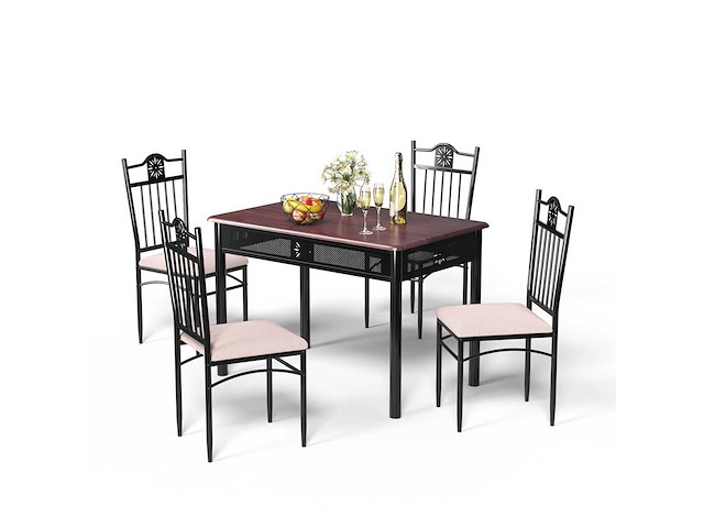 Een eettafel van 5 delen, inclusief een houten en metalen tafel en 4 stoelen met kussens - afbeelding 5 van  8