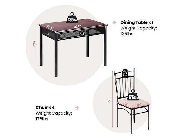 Een eettafel van 5 delen, inclusief een houten en metalen tafel en 4 stoelen met kussens - afbeelding 6 van  8