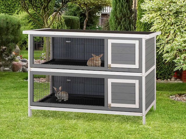 Een kast van twee verdiepingen, groot model, houten kooi voor konijnen, kippen en eenden - afbeelding 1 van  7