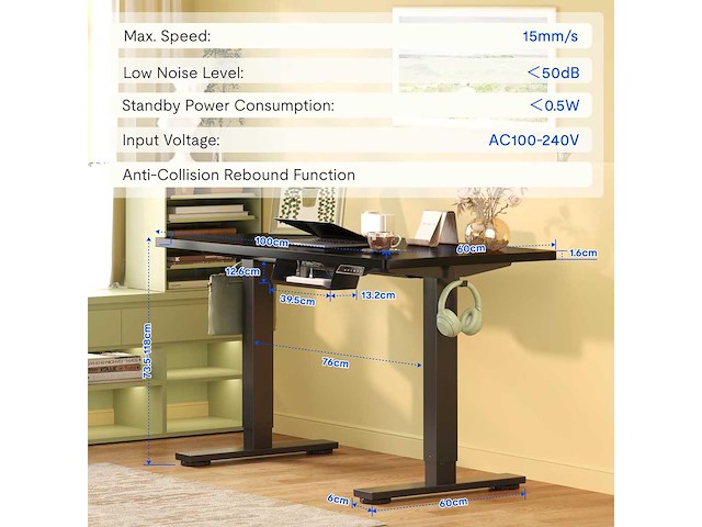 Eén sta-bureau 100x60cm, elektrisch in hoogte verstelbaar bureau - afbeelding 3 van  6