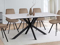 Eettafel 160 cm met een bovenblad met wit marmeren effect en zwarte gekruiste poten - afbeelding 1 van  7