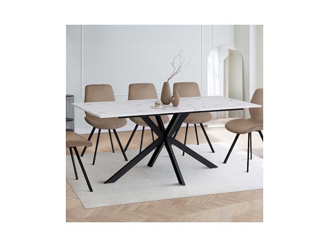 Eettafel 160 cm met een bovenblad met wit marmeren effect en zwarte gekruiste poten - afbeelding 2 van  7