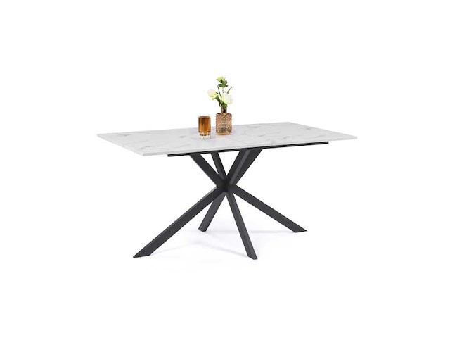 Eettafel 160 cm met een bovenblad met wit marmeren effect en zwarte gekruiste poten - afbeelding 3 van  7