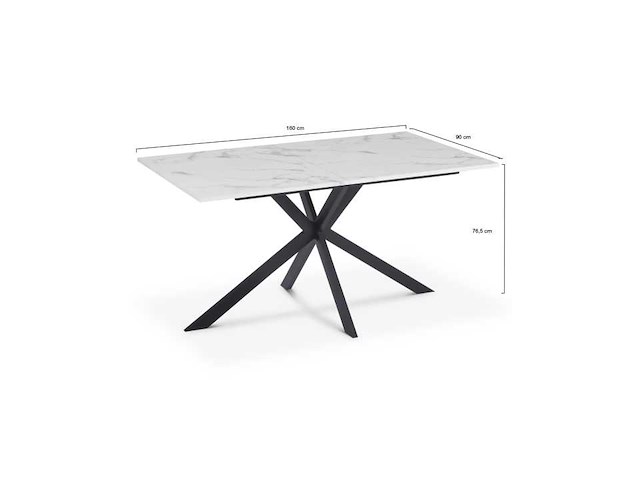 Eettafel 160 cm met een bovenblad met wit marmeren effect en zwarte gekruiste poten - afbeelding 6 van  7