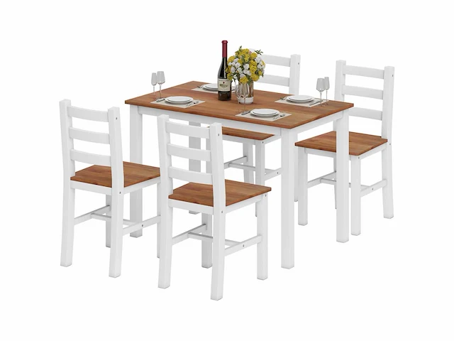 Eettafel, eettafel, 4 stoelen, eettafel, dennenhout, bruin+wit - afbeelding 2 van  5