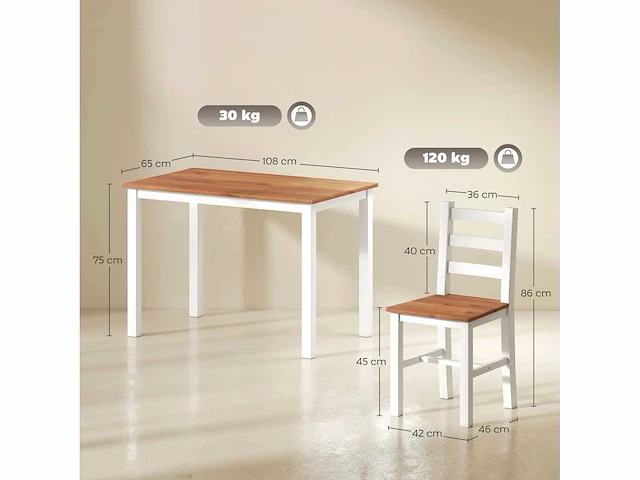 Eettafel, eettafel, 4 stoelen, eettafel, dennenhout, bruin+wit - afbeelding 3 van  5