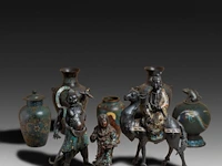 Eight japanese champlevé enameled bronzes, including figures and vases, 19th/20thc, tallest h 40 cm
