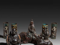 Eight japanese champlevé enameled bronzes; three figures, two pairs of vases and one censer, 19th/20thc, tallest h 44 cm