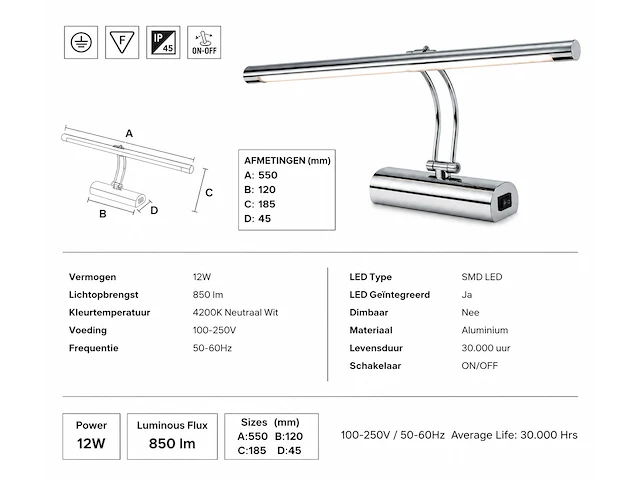 Elegante led spiegellamp (horoz) – 12w – 4200k neutraal wit – ip45 – anka-12 (2 stuks) - afbeelding 5 van  5
