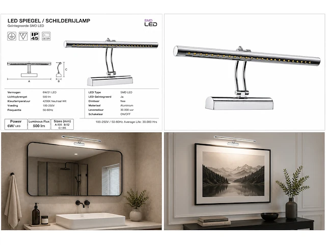 Elegante led spiegellamp (horoz) – 6w – 4200k neutraal wit – ip45 – flamingo-6 (2 stuks) - afbeelding 3 van  5