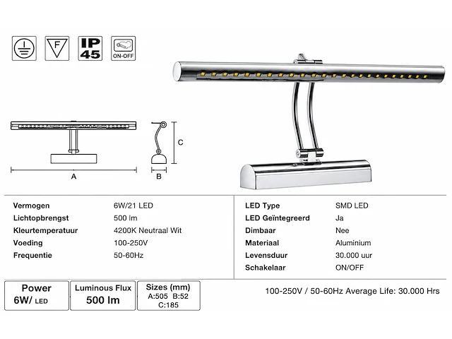 Elegante led spiegellamp (horoz) – 6w – 4200k neutraal wit – ip45 – flamingo-6 (2 stuks) - afbeelding 5 van  5