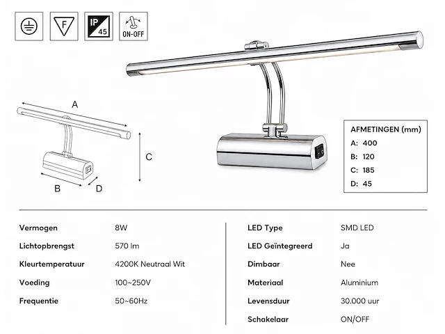 Elegante led spiegellamp (horoz) – 8w – 4200k neutraal wit – ip45 – anka-8 (2 stuks) - afbeelding 5 van  5