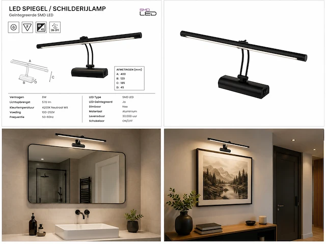 Elegante led spiegellamp (horoz) – 8w – 4200k neutraal wit – ip45 – anka-8 (2 stuks) - afbeelding 3 van  5