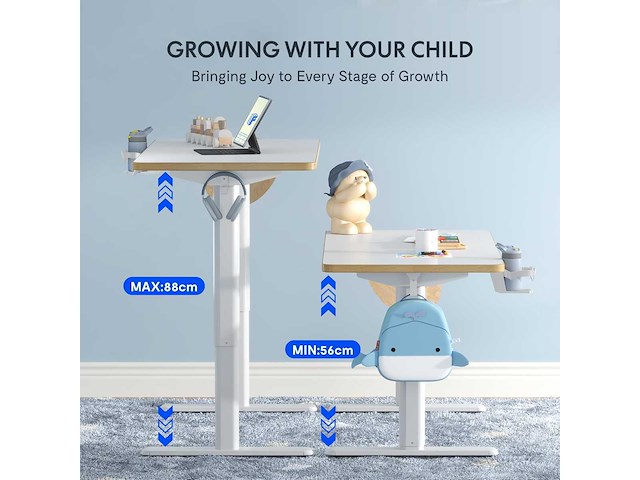 Elektrisch kinderbureau met verstelbare hoogte, ergonomische studie voor kinderen met haak, 120x60cm - afbeelding 3 van  4