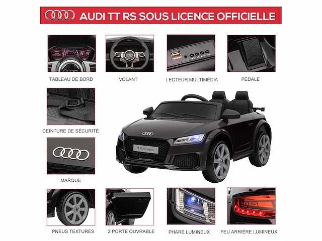 Elektrische auto kinder-elektrische auto audi tt rs 12 v 30 w v. maximaal 3 km/u afstandsbediening 2,4g geluidseffecten + fel zwart - afbeelding 4 van  5