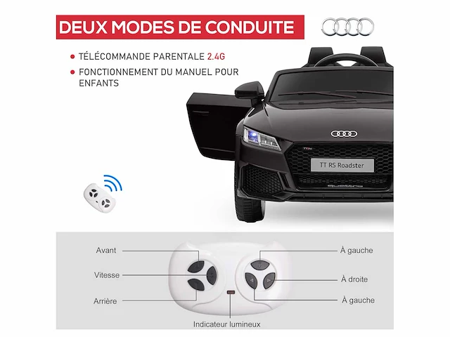 Elektrische auto kinder-elektrische auto audi tt rs 12 v 30 w v. maximaal 3 km/u afstandsbediening 2,4g geluidseffecten + fel zwart - afbeelding 5 van  5
