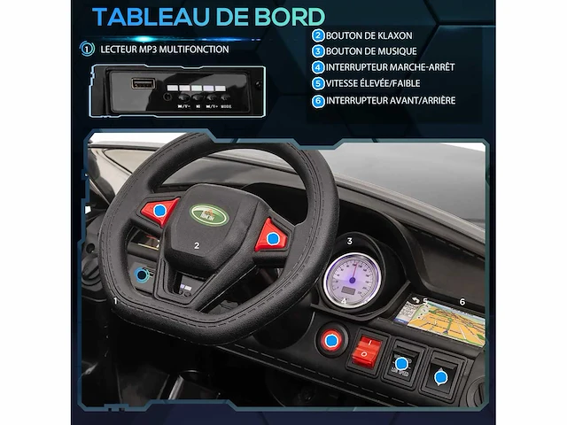 Elektrische auto kinderen elektrisch voertuig 12v dubbele motoren 3 tot 5 km/u 110 x 68 x 52cm zwart - afbeelding 5 van  9