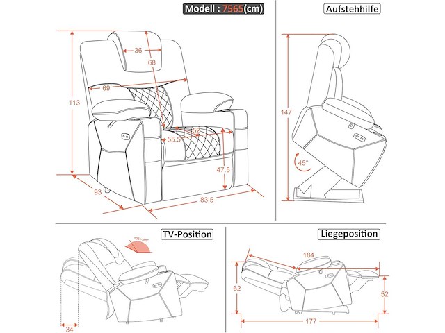 Elektrische lift tv-stoel, ontspan met chaise longue, massage en verwarming, 2 motoren, microvezel - afbeelding 2 van  5