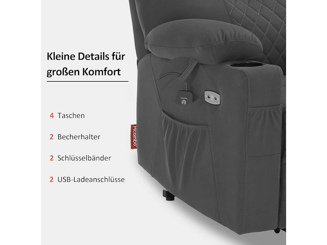 Elektrische lift tv-stoel, ontspan met chaise longue, massage en verwarming, 2 motoren, microvezel - afbeelding 8 van  9