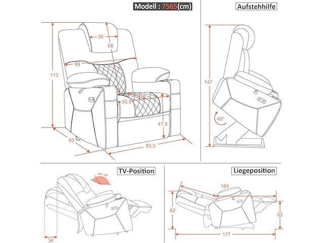 Elektrische lift tv-stoel, ontspan met chaise longue, massage en verwarming, 2 motoren, microvezel - afbeelding 4 van  10