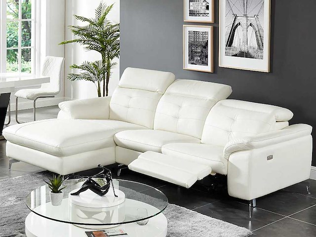 Elektrische relax hoekbank in buffelleer - ivoor - linker hoek - afbeelding 2 van  7