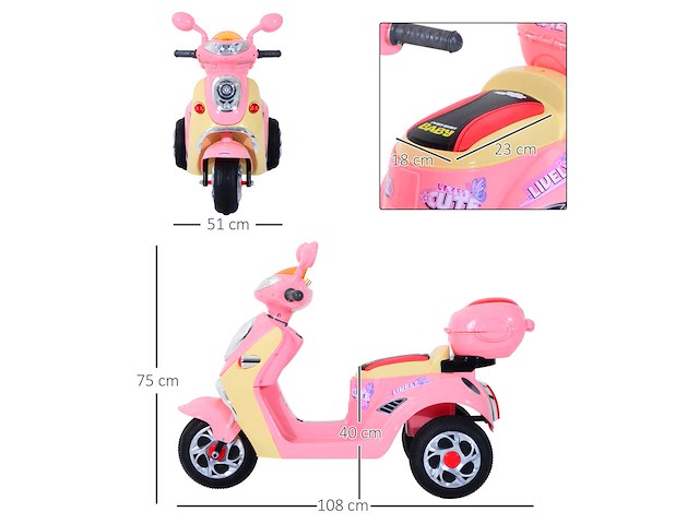 Elektrische scooter voor kinderen 3 jaar 6 v metaal + polypropyleen 108 x 51 x 75 cm roze/wit - afbeelding 3 van  5