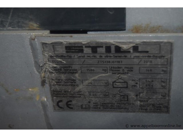 Elektrische transpallet, still, ecu15, 1500 kg, 24v, 0.45kw, bouwjaar 2018, werking niet gekend - afbeelding 2 van  2