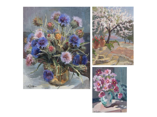 Ellen de tombay (1918-1998), two flower still lifes and a landscape, oil on canvas smallest 36 x 27 cm. (14.16 x 10.63 in.), biggest 65 x 55 cm. (25.58 x 21.64 in.) - afbeelding 1 van  17