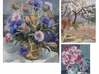 Ellen de tombay (1918-1998), two flower still lifes and a landscape, oil on canvas smallest 36 x 27 cm. (14.16 x 10.63 in.), biggest 65 x 55 cm. (25.58 x 21.64 in.)