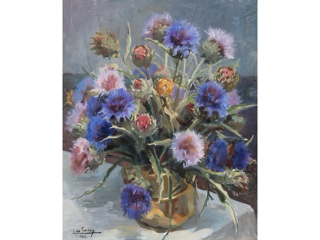 Ellen de tombay (1918-1998), two flower still lifes and a landscape, oil on canvas smallest 36 x 27 cm. (14.16 x 10.63 in.), biggest 65 x 55 cm. (25.58 x 21.64 in.) - afbeelding 10 van  17