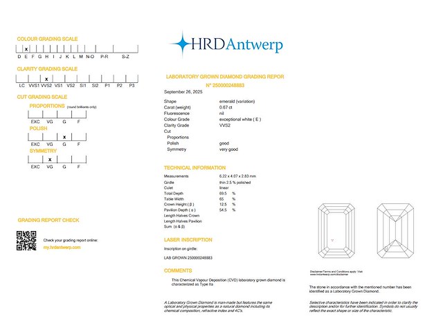 Emerald diamant 0.67ct – e/vvs2 – hrd - afbeelding 4 van  4