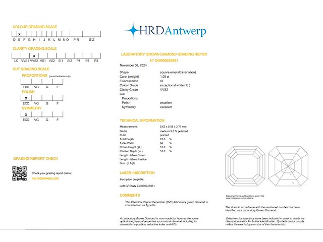 Emerald diamant 1.05 ct – e/vvs2 – hrd - afbeelding 3 van  3