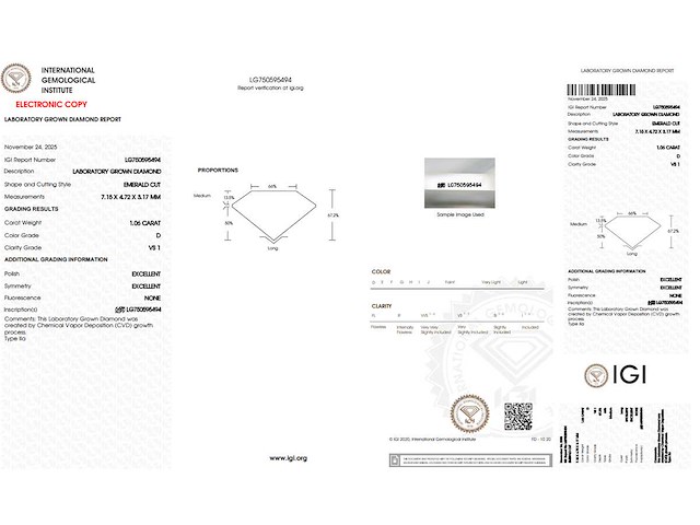 Emerald diamant 1.06ct – d/vs1 – igi - afbeelding 4 van  4